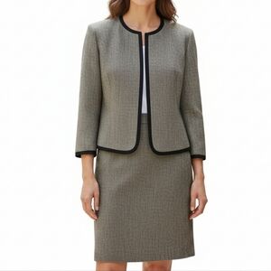 Kasper Tweed Skirt Suit 8 Black Tan Open Blazer 3/4 Sleeve Back Zip Kick Pleat
